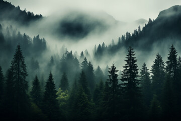 Wall Mural - 	
Dense morning fog in alpine landscape with fir trees and mountains.	

