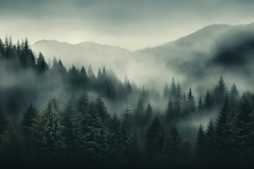 Wall Mural - 	
Dense morning fog in alpine landscape with fir trees and mountains.	

