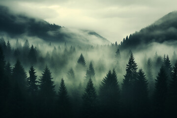 Wall Mural - 	
Dense morning fog in alpine landscape with fir trees and mountains.	
