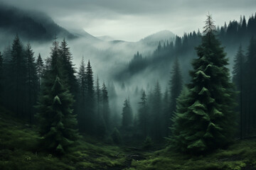 Wall Mural - 	
Dense morning fog in alpine landscape with fir trees and mountains.	
