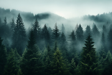 Wall Mural - 	
Dense morning fog in alpine landscape with fir trees and mountains.	
