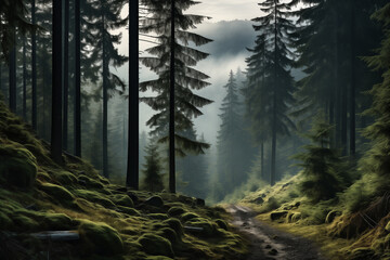 Wall Mural - 	
Dense morning fog in alpine landscape with fir trees and mountains.	
