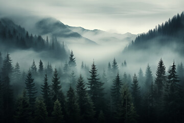 Wall Mural - 	
Dense morning fog in alpine landscape with fir trees and mountains.	
