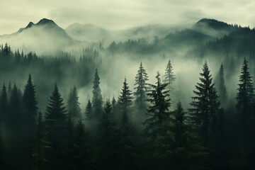 Wall Mural - 	
Dense morning fog in alpine landscape with fir trees and mountains.	
