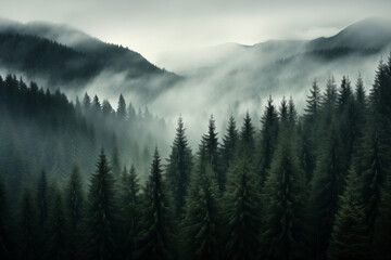 Wall Mural - 	
Dense morning fog in alpine landscape with fir trees and mountains.	
