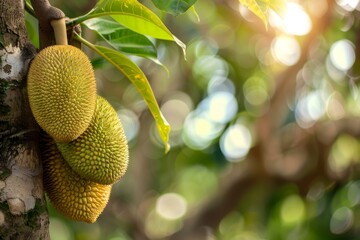 Poster - Close up with shallow depth of field of jackfruit on tree with blurry background great for background