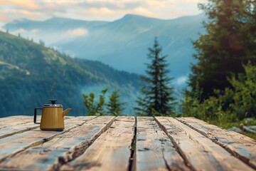 Wall Mural - Coffee pot on wooden table in mountain camping