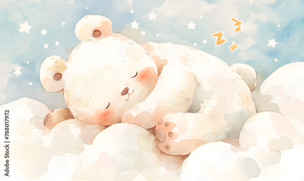 teddy bear sleeping on cloud. Watercolor illustration, Generative AI ...