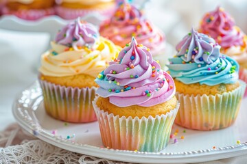 Poster - Colorful delicious cupcakes on white plate