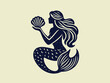 Beautiful mermaid holding a shell in her hands. Vintage retro engraving illustration. Black icon, isolated element	
