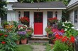 Cozy house with red door and colorful flower pots in front yard Picture from sidewalk