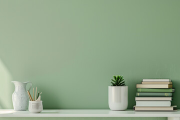 Sage green wall and home office desk with supplies, pencils, house figure, boxes, plant pots. Creative stylish minimal workspace. Contemporary white wood work tabletop for products display montage
