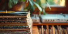 Stack Of Records On Wooden Table. Generative AI