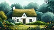 An illustration of a charming cottage with a thatched roof, surrounded by lush