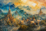 Fototapeta  - An ethereal Thai painting unveils an ancient town, its architecture and stories captured in vibrant colors and delicate brushstrokes.