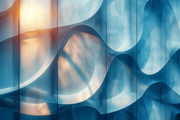 Poster - An artistic shot of a modern blue glass building exterior with wavy patterns and light reflections
