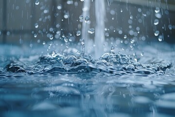 Poster - A close-up shot capturing the dynamic impact of raindrops hitting a pool of water, creating ripples