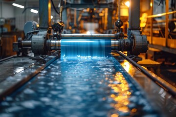 Poster - Industrial setting with a blue illuminated rolling mill machine in operation, representing manufacturing precision and engineering expertise