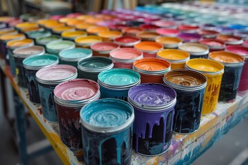 Poster - A vast array of paint cans filled with various colors in an artistic setting, symbolizing creativity and choice