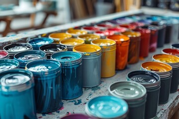 Poster - Close-up photo capturing the details of various colored paint cans in an art workspace showing rich textures