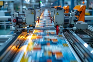 Poster - A fast-paced factory production line captured with motion blur, conveying speed and mass production