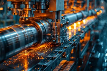 Poster - High-resolution image showcasing the complex and advanced machinery in a production plant with fiery sparks