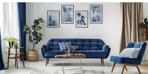 Wall Mural - Stylish minimalist interior design, bright blue sofa in the living room and a flowerpot near it, wide windows, background, template, wallpaper.