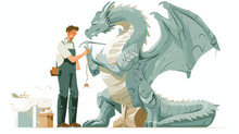Male Artist Create Sculpture Of Mythology Dragon Vector