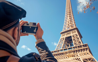 Wall Mural - A closeup of the hands holding a camera, showing him taking pictures with his vintage Leica M3 at an angle looking up towards Paris' Eiffel Tower