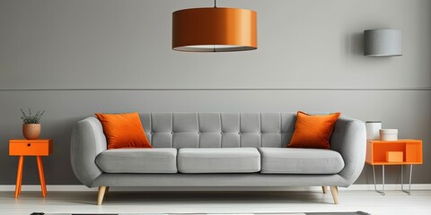 Wall Mural - Interior design , orange stylish lamp in the living room and gray sofa , minimalist and creative , background , wallpaper , template.