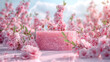 A huge pink sugar cube in the center of the frame, surrounded by cherry blossom flowers. Created with Ai