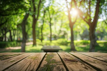 Wall Mural - Forest backdrop wooden table presentation in garden outdoor blur background in spring and summer