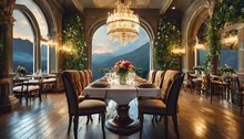 Upscale Restaurant With A Rich Atmosphere And Breathtaking Mountain Views In The Distance.