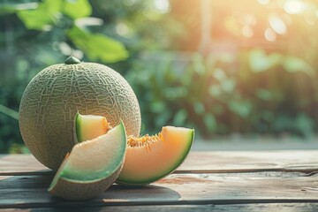 Poster - Fresh honeydew and cantaloupe on wooden table with garden background Favorite summer fruit Health and wellness theme Focus on fruit