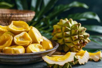 Fresh ripe jackfruit segments ready to eat ideal for vegetarians vegans and raw food enthusiasts Tropical fruit with selective focus