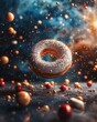 Create a cosmic scene with a donutshaped planet floating amidst a constellation of colorful stars , 3DCG,high resulution,clean sharp focus