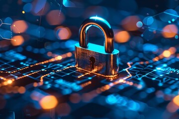 Poster - A blue glowing padlock appears on a virtual interface indicating cybersecurity and data protection in the digital age