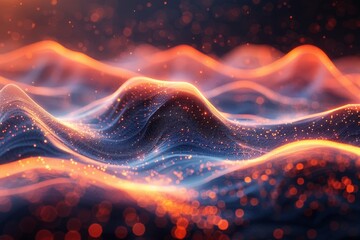 Poster - A graphic composition with oscillating waves created by bright red and blue light particles