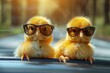 Charming depiction of two fluffy chicks with blurred faces enjoying a sunny road trip
