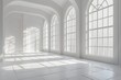 A 3D render of a spacious, white room with large arched windows casting soft shadows on the floor