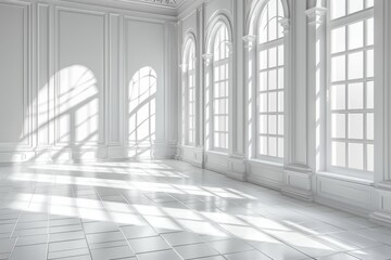 Poster - A photorealistic rendering of a bright, white room filled with soft daylight and tall windows