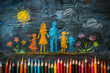 © Iryna - Kid's drawing of large family on blackboard, illustration. Happy parents with many children. Family Day