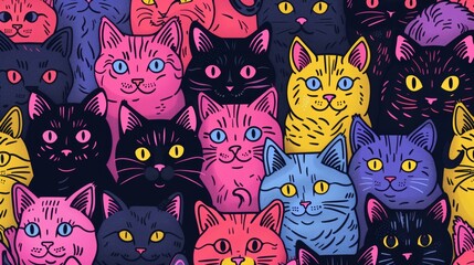 Wall Mural - Muzzles of a cats. Set of different flat illustration of cats muzzles. 2D line animal painting. Kids background. Hand drawn illustration. Painted backdrop. Cloth pattern. Cat, kitten, head.