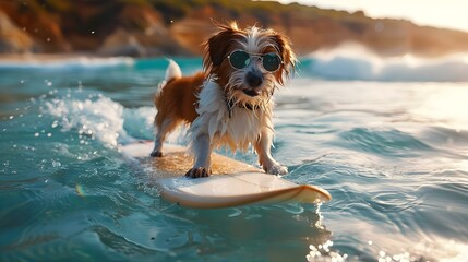 Sticker - Surf's Pup! Cool Jack Russell Catches Waves. Concept Pet Photography, Beach Adventures, Water Sports, Paws and Waves, Adventurous Animals