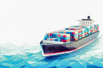 Wall Mural - Container cargo freight ship at sea on white background, color pencil style sketch illustration, low poly art.