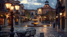 Charming Town Square With A Fountain In The Middle Wrought Iron Bench And Vintage Street Lamps That Cast A Warm Glow In The Evening.