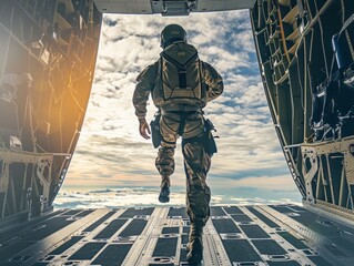 Wall Mural - Aerial view of a flying paratrooper in a spacesuit against the sky.