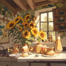 A Painting Of A Kitchen With Sunflowers In The Window