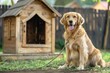 Golden retriever sitting outside by doghouse in back yard on leash