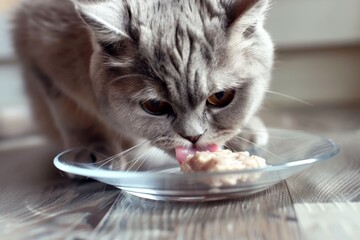 Poster - Gray Scottish Fold cat eats pate from glass plate close up